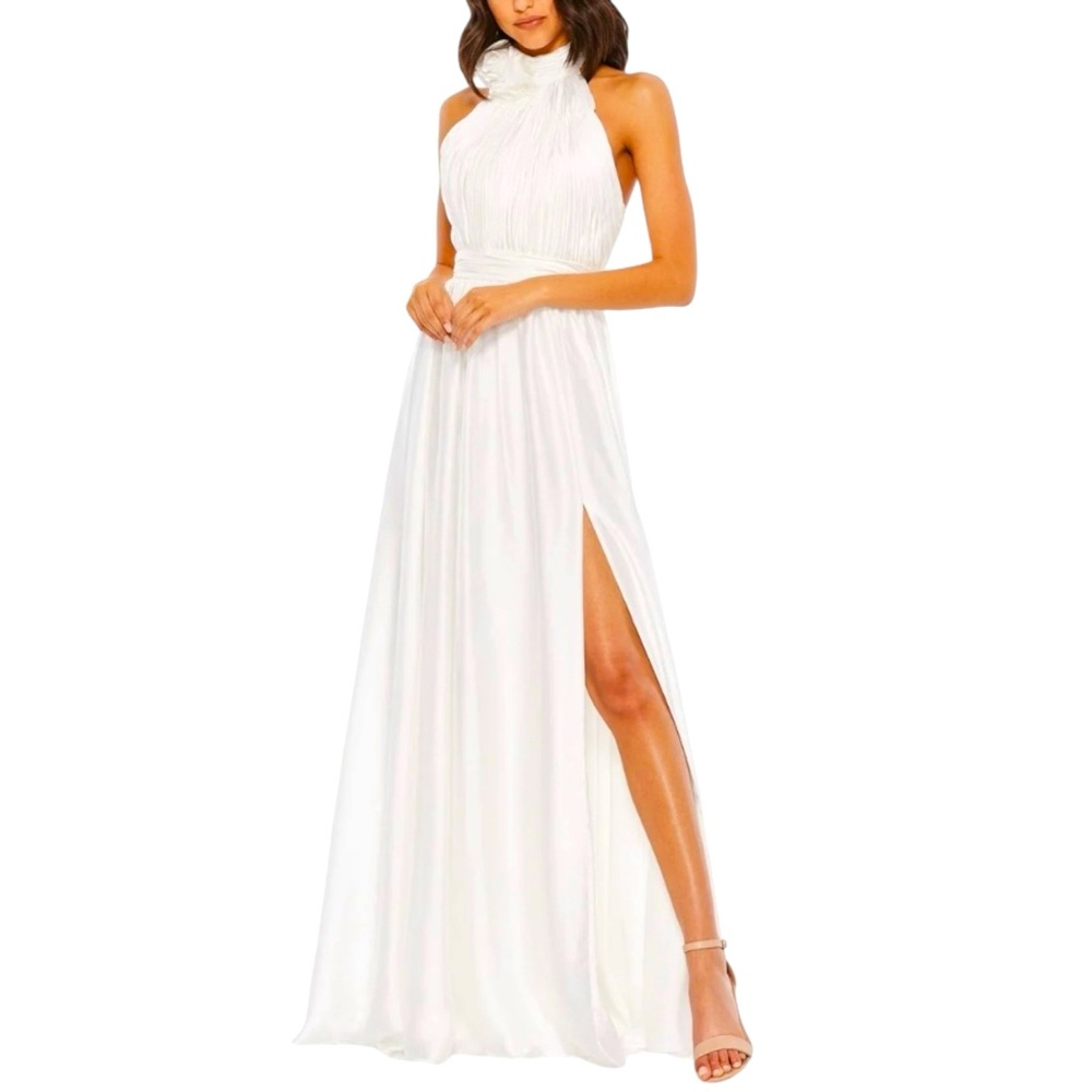 Mac Duggal White Rosette Halter Neck Dress 49333 Size 6 NWT